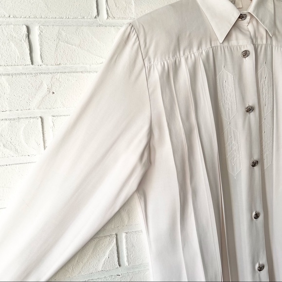 Vintage white button up embroidered long sleeve blouse shoulder pads S - Picture 6 of 16
